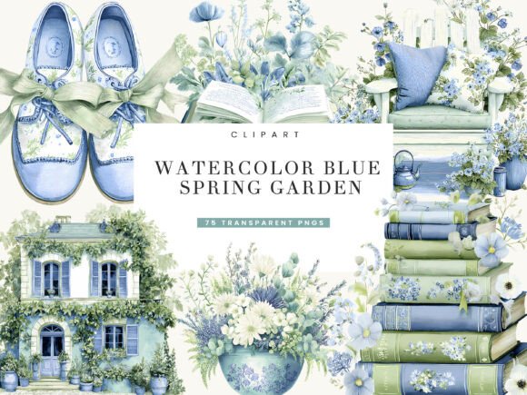 Download Watercolor Blue Spring Garden Clipart - Garden clipart Collection